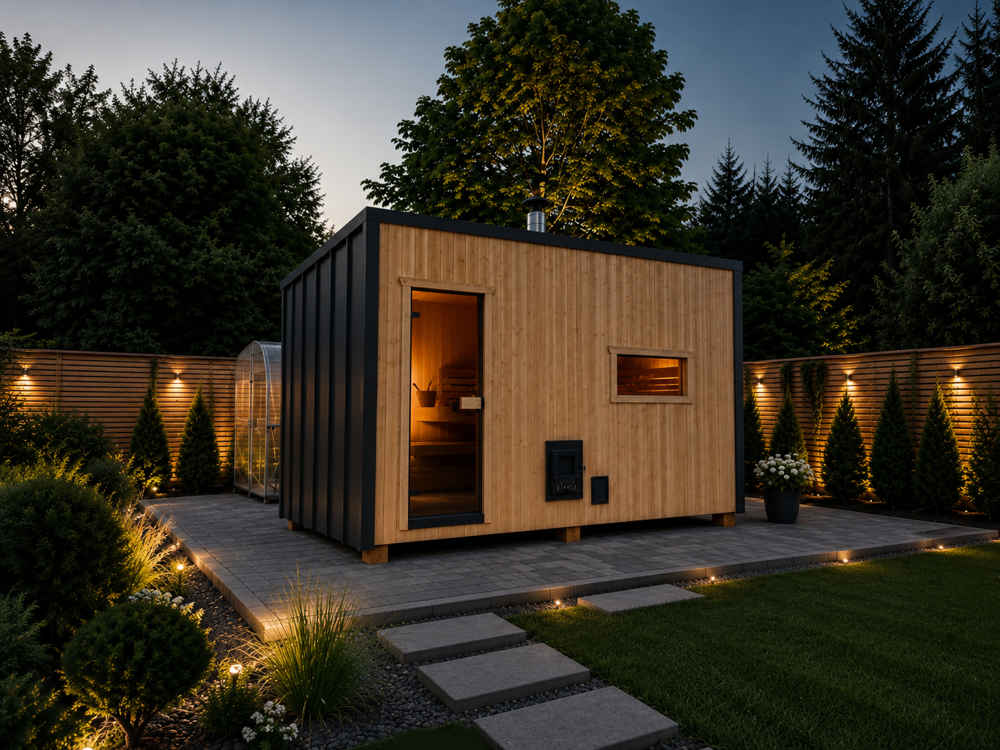 Sauna Comfort pokazana w otoczeniu ogrodu