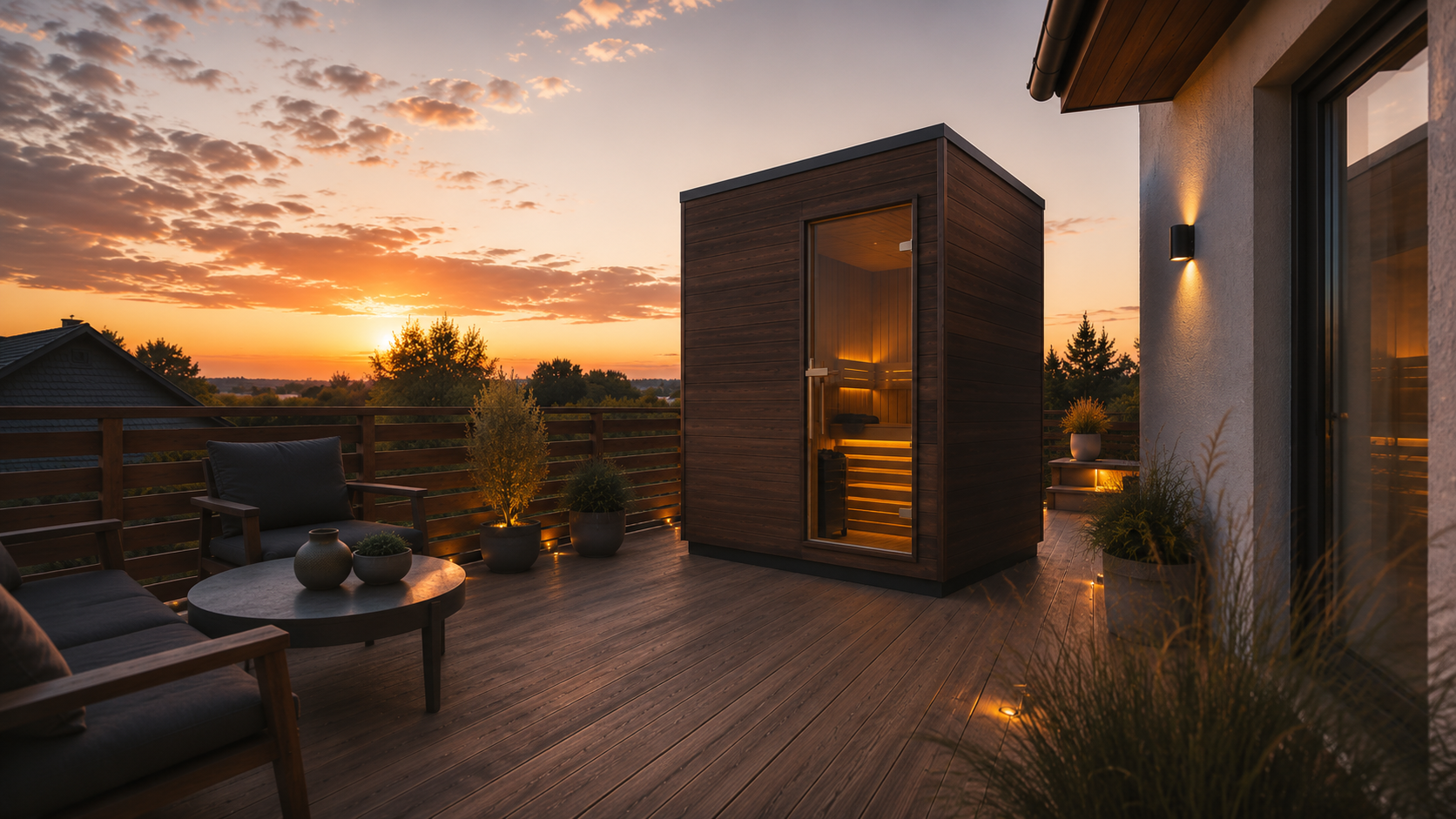 Sauna Harmony pokazana w otoczeniu ogrodu