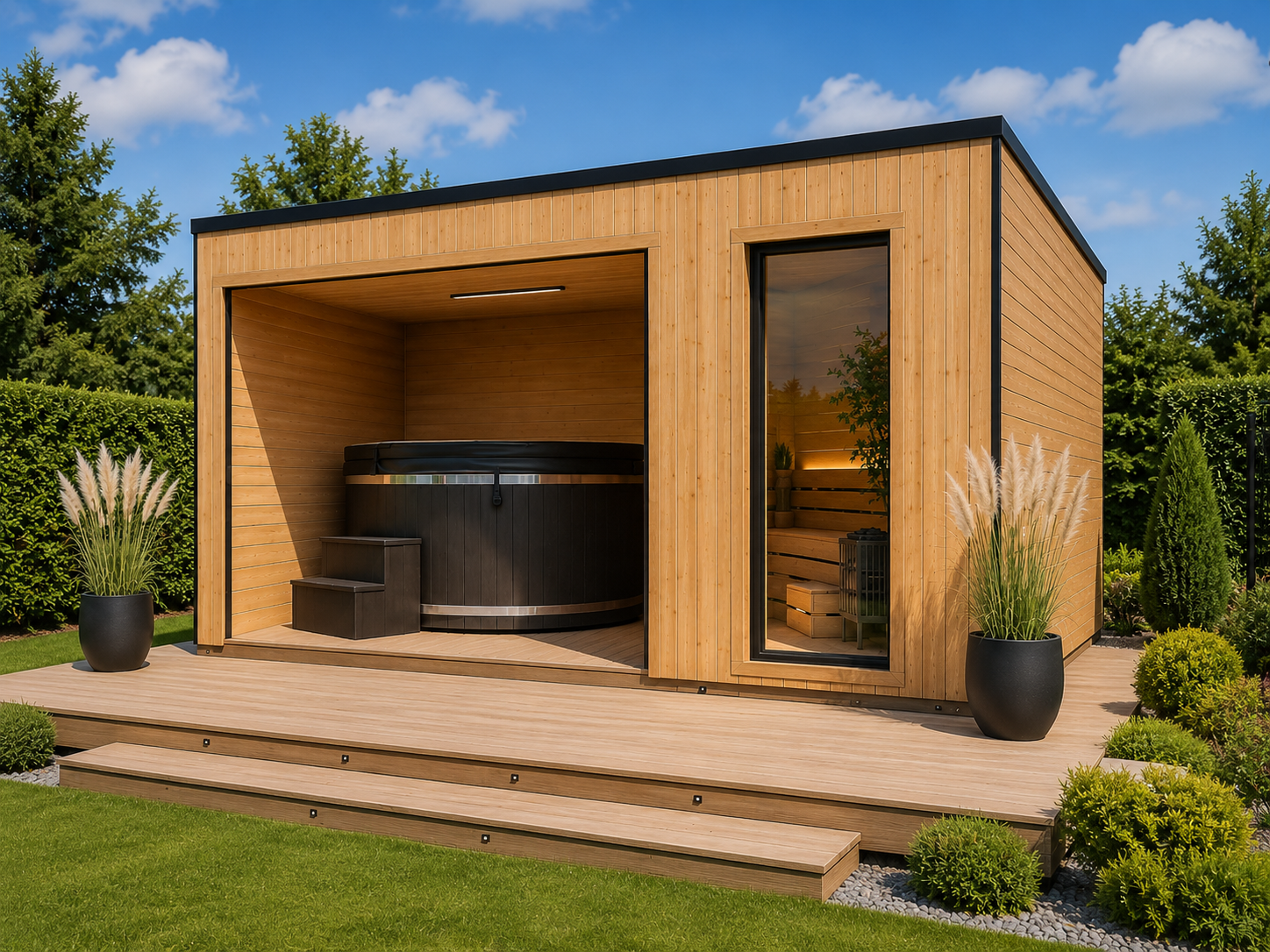 Sauna ogrodowa Prestige ze strefą przygotowaną pod jacuzzi